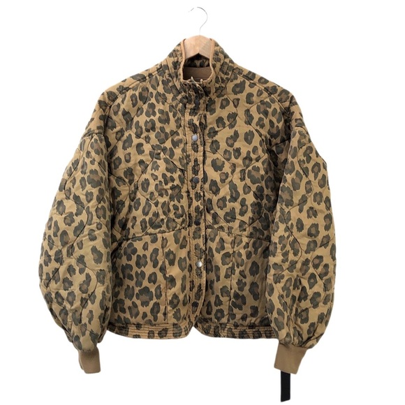 Blank NYC Tan Brown Black Spotted Leopard Quilted Button Up Bomber Jacket S - Picture 3 of 9